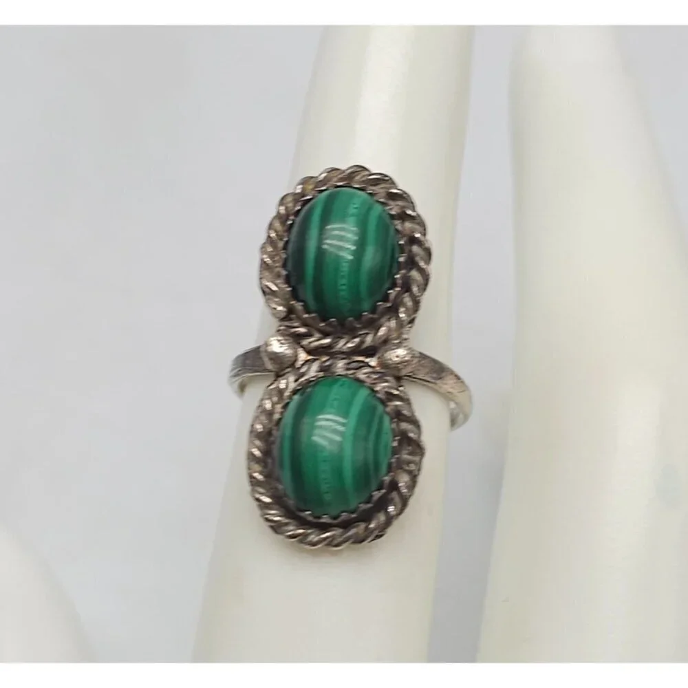 Vintage Navajo Sterling Silver Green Malachite Double Stone Ring Size 5